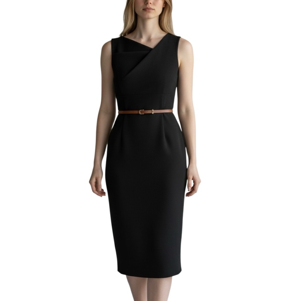 DONNA KARAN New York Belted Asymmetric Midi Dress Sleeveless,‎ Color Black, Sz 6